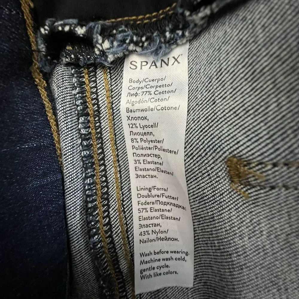 Spanx Medium Wash Mid Rise Distressed Raw Hem Pull On Skinny Jegging Jeans Small
